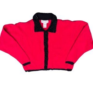 Rosanna Red Black Beaded Collar Lambswool Angora Glamorous Downtown Cardigan L